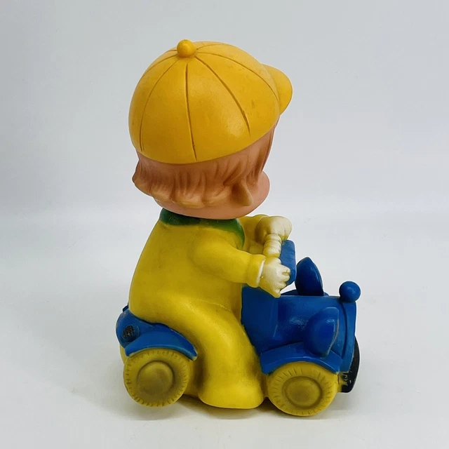 VINTAGE MID-CENTURY TAIWAN Rubber Boy Riding Antique Car Squeak Toy $34