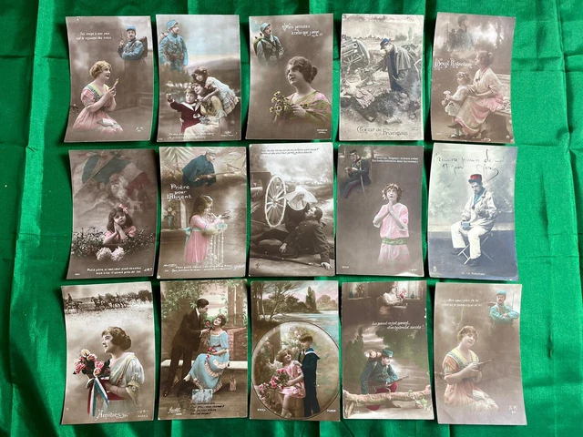 Lot of 15 Patriotic CPAs - Militaria Poilus WW1 War 1914 18 Patriotic