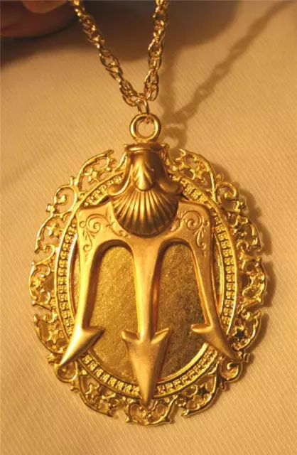 Stunning Swirled Rim Shell Accent Neptunes Trident Goldtone Pendant Necklace
