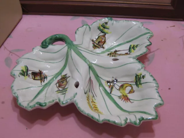 Vtge Hand Painted 3 Part Divided Leaf Shape Serving Dish Tray Italian Pottery 2