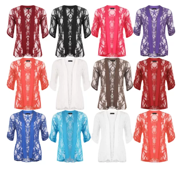 New Plus Size Womens Floral Lace Open Cardigan Ladies Long Sleeve Waterfall Top