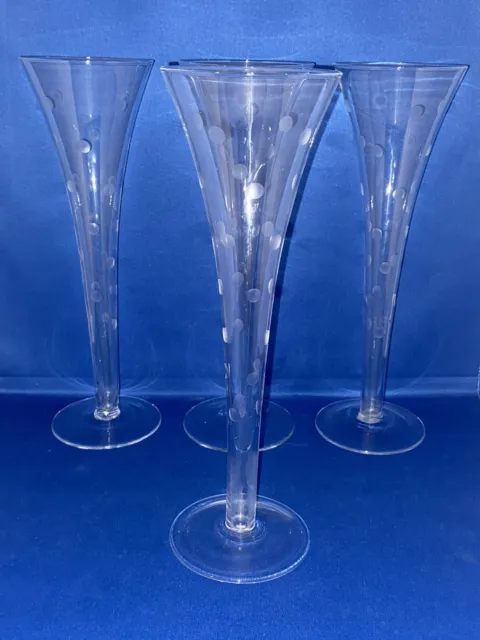 4 X Hand Made Hollow Stemmed Champagne Flutes Trumpet Glasses Polka Dot Design