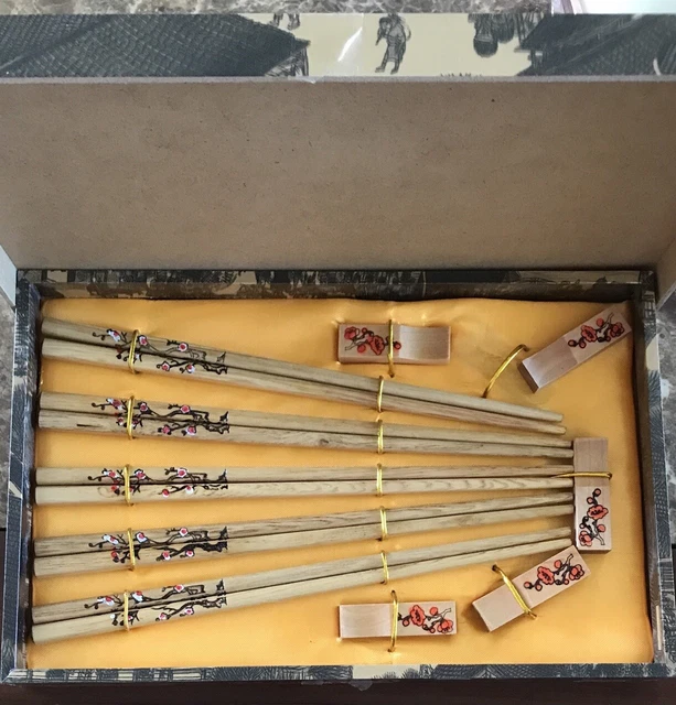 NIB Japanese Cherry Blossom Chopstick Set W/ Rests Decorative  Presentation Box