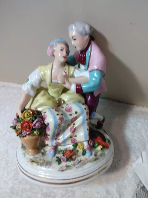 Vtg French Porcelain Faience Figurine Romantic Duo Hd/Ptd Vase w Encrusted Roses