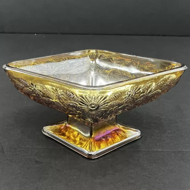 Indiana Carnival Glass Amber Floral Diamond Shaped Compote Vintage Iridescent