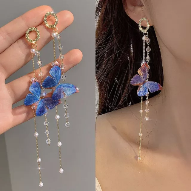 Luxury Women Zircon Crystal Long Tassel Butterfly Earrings Stud Dangle Jewelry