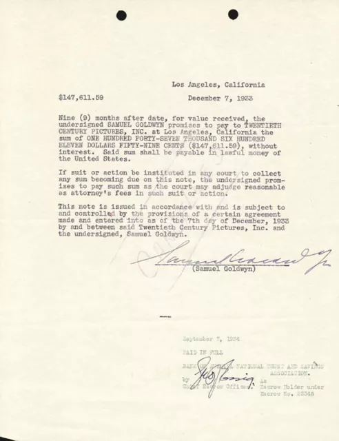 Samuel Goldwyn - Document Signed 12/07/1933