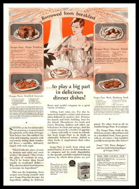1928 GrapeNuts Cereal Borrowed From Breakfast Mock Hamburg Steak Recipe Print Ad