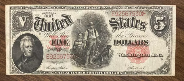 1907 $5 Woodchopper Red Seal Large Size Note Bill Very Fine