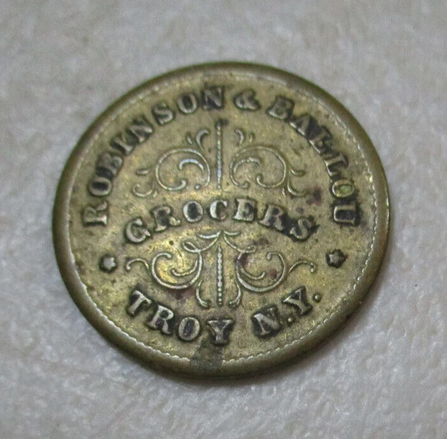 Robinson & Ballou Grocers, Troy, N.Y. 1863 Brass Hard Times Token, VG +