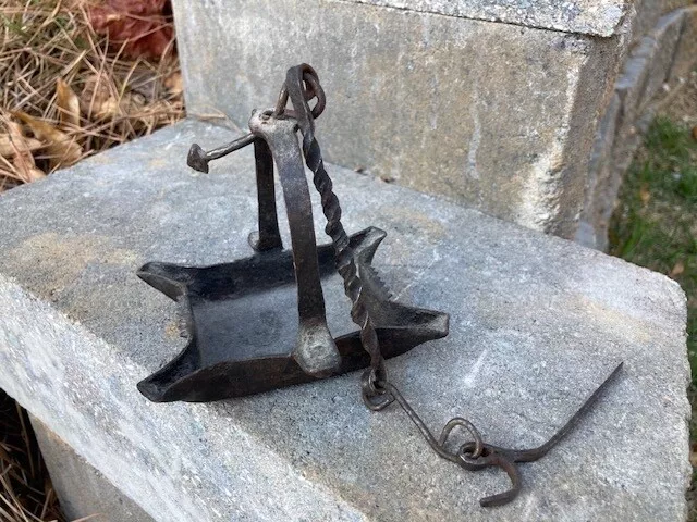 Antique 18th Century Forged Iron 4 Wick Crusie Oil Lamp With Hanger