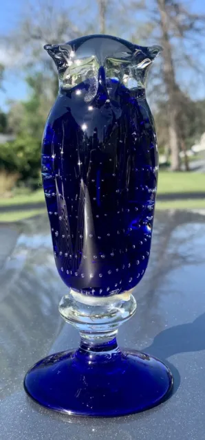 Silvestri Arte Murano Italy Cobalt Blue Crystal Glass Owl Controlled Bubbles 6”
