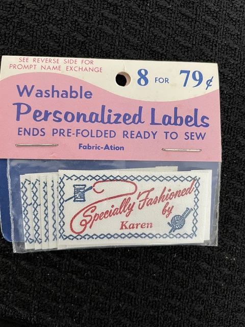 Etiquetas pesonalizadas lavables vintage ""especialmente a la moda por Karen"" listas para coser