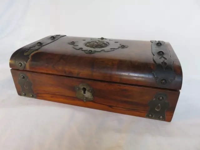 Vintage Antique wooden and metal bound jewellery trinket box with lock