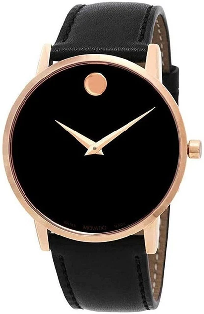 Movado Swiss Rose Gold Museum Classic Black Leather Strap Men's Slim Watch