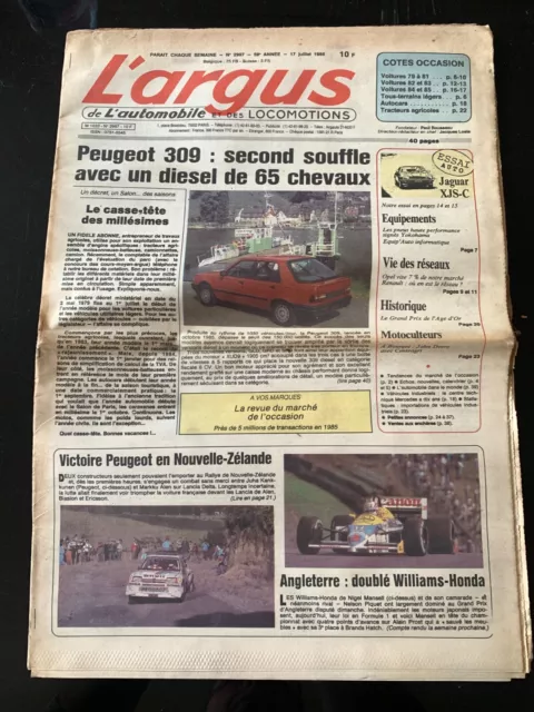 L'ARGUS du 3/07/1986; Peugeot 309/ Pneu Yokohama/ GP de l'âge d'or/ Autocars