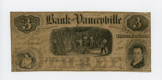 1850's $3 The Bank of Yanceyville, NORTH CAROLINA Note
