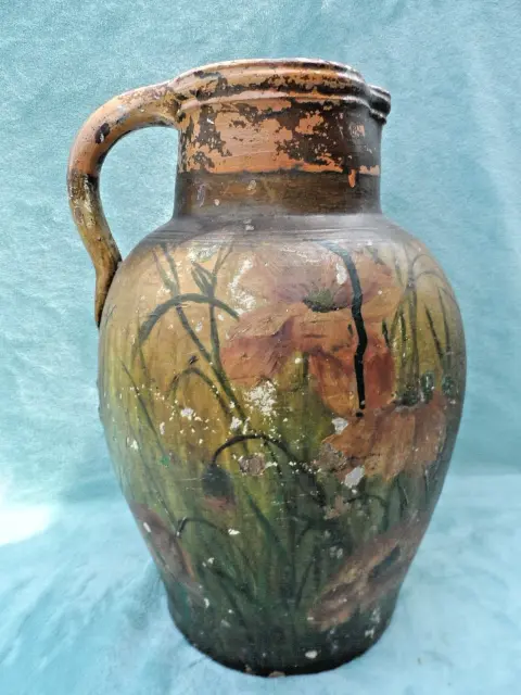 Large Heavy Hand Thrown Hand Painted Red Clay 16" Victorian Pottery Jug  7 Klo