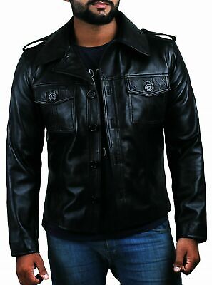 Men in Black Genuine Sheepskin Leather Classic Police Uniform Style Biker Jacket