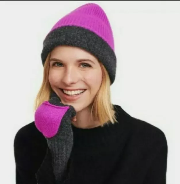 White & Warren reversible cashmere  beanie hat & gloves nwt pink gray