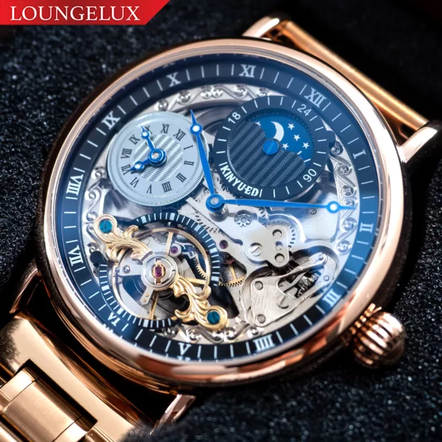 Mens Rose Gold Dual Time Skeleton Automatic Mechanical Watch Stainless Steel