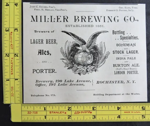 RARE 1899 Vtg Ad – Miller Brewing Co Rochester NY Lager Beer