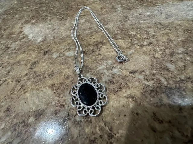 Vtg Lady Sarah Coventry  Filigree Jet Black Onyx  Sterling Silver Necklace