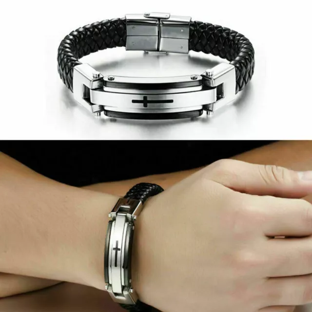 Fashion Men Bangle Stainless Steel Cross Braided Leather Wristband Cuff Bracelet