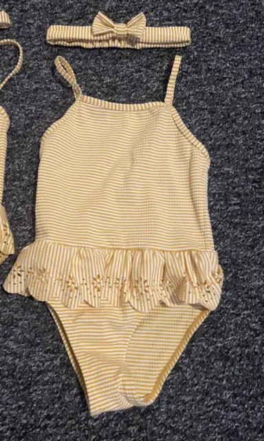 twin girls bundle Primark swimming costumes & headbands age 6-7 yellow striped 3