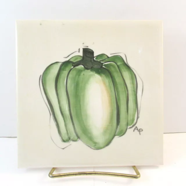 H&R Johnson England Hand Painted Vintage Tile 6x6 green bell pepper trivet