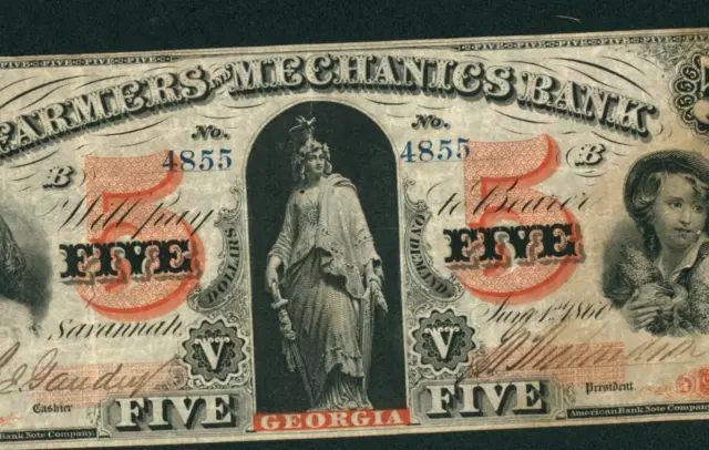 $5 1860 Farmers and Mechanics Bank - Savannah, Georgia Obsolete Note