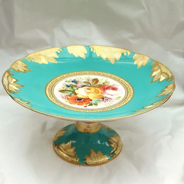 Vintage Gilded Turquoise Hand Painted Comport Tazza A/F