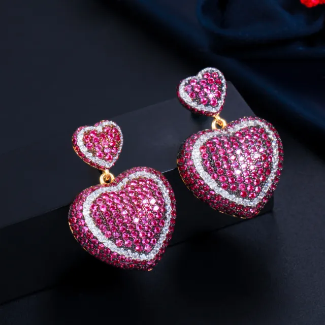 Top Rose Red Pave Settings CZ Double Heart Dangle Drop Earrings Gold Color Gift