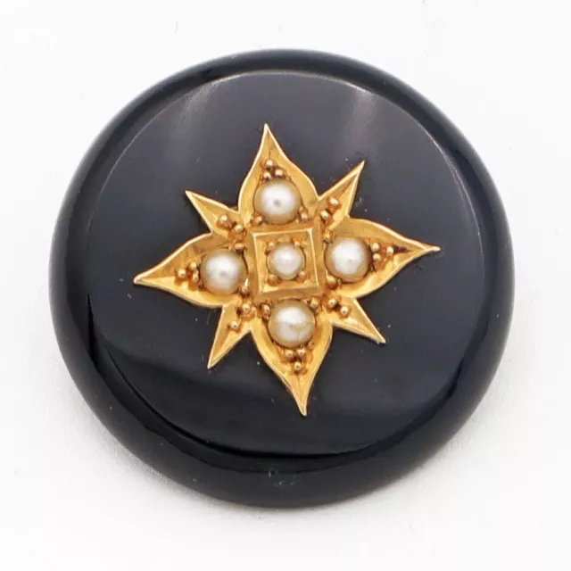 Antique 18K Yellow Gold Pearl Black Onyx Brooch Pin