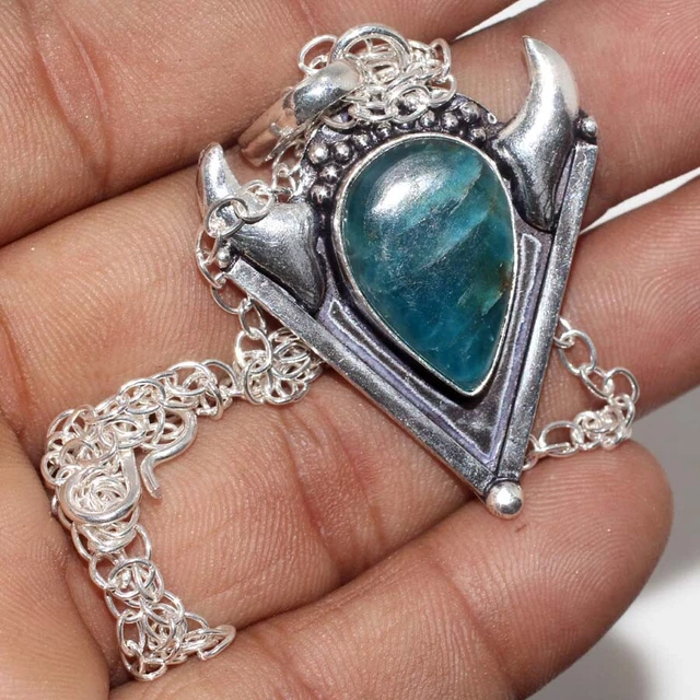 925 Silver Plated-Blue Apatite Ethnic Gemstone Handmade Necklace Jewelry 18" s17