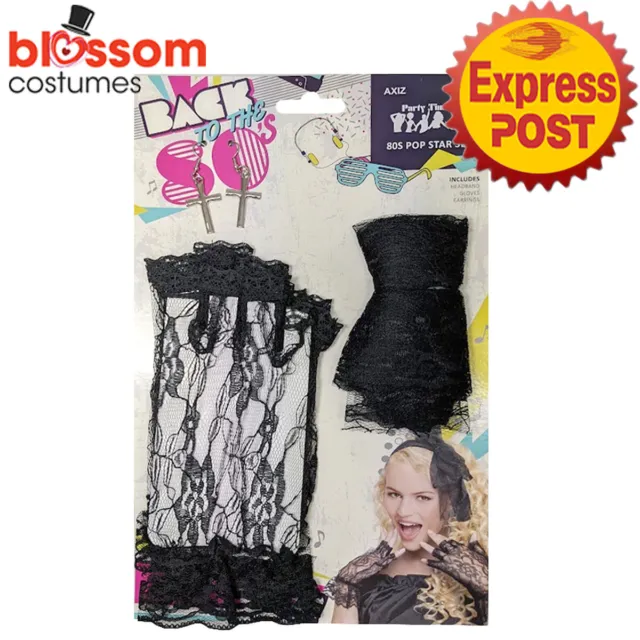 TM188 80s Costume Accessory Kit Pop Star Gloves Earrings Hair Tie 1980s Madonna
