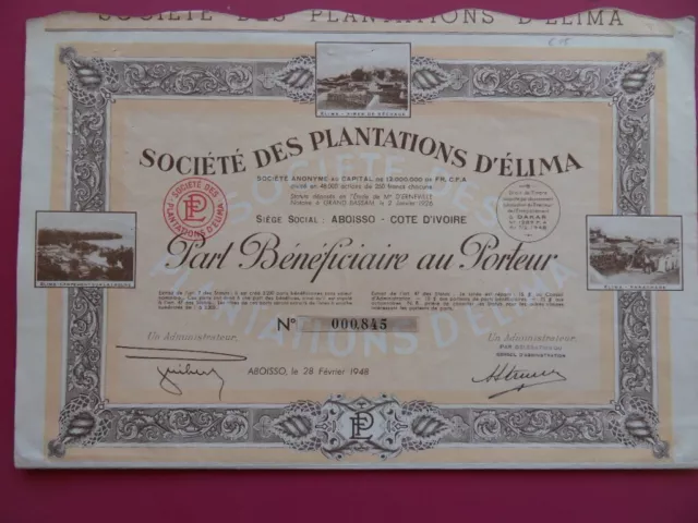 Part Beneficiaire Societe  Des Plantations D'elima / Cote D'ivoire / Deco