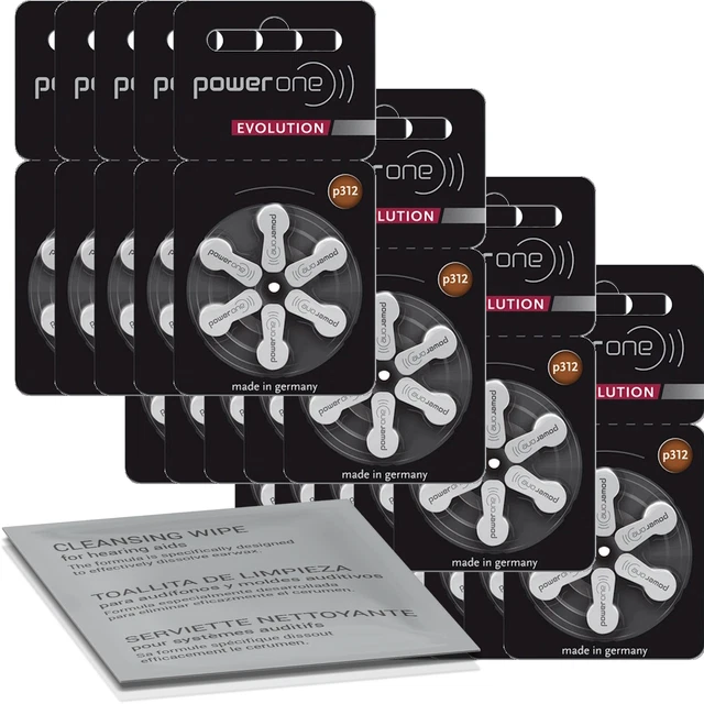 120 batterie per apparecchi acustici Power One Evolution P312 con panno per...