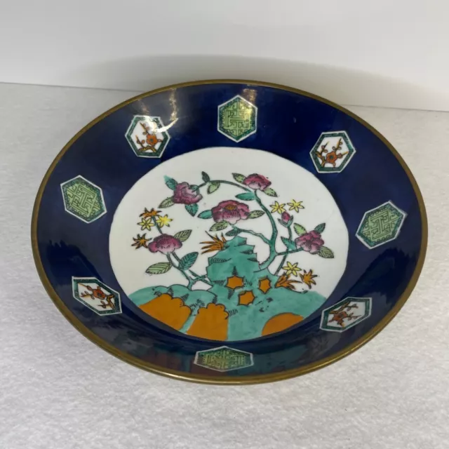 Vintage Chinese Brass Encased Hand Painted Porcelain Bowl Blue Hexagon Floral