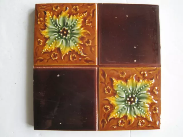 Antique Embossed Majolica Pilkingtons Tile - Aesthetic Stylised  Floral Design