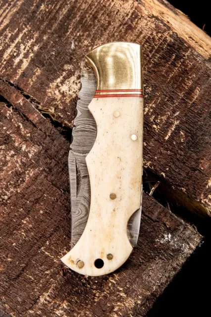 Handmade Damascus Steel Folding Blade Pocket Knife Camel Bone Handle