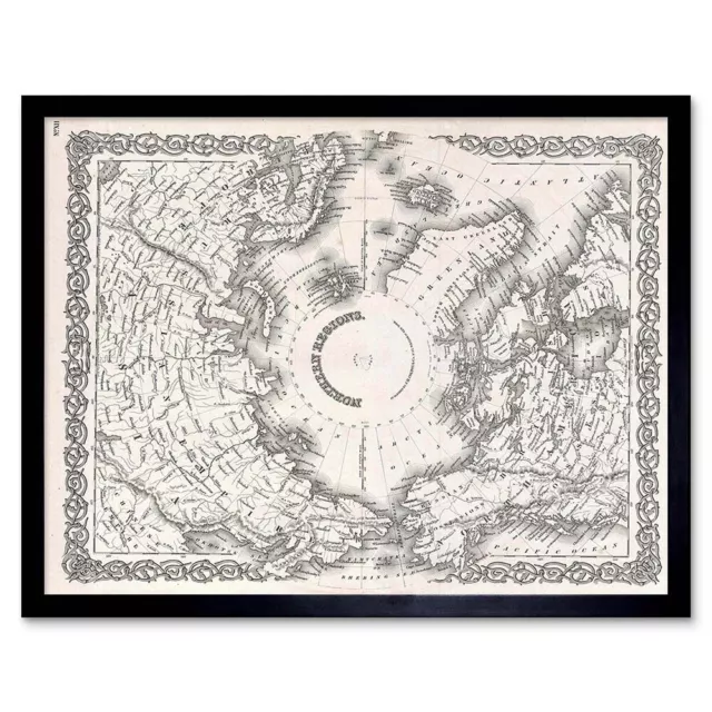 1855 Colton Map The Arctic Or North Pole Vintage 12X16 Inch Framed Art Print