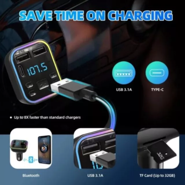 Car Wireless 5.0 Bluetooth FM Transmitter MP3 USB TYPE - C PD Charger Adapter UK 2