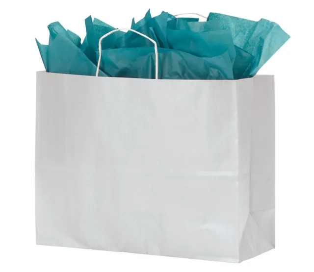 Bolsas de compras grandes de papel blanco Kraft con asas - estuche de 100