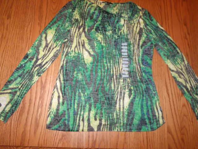 NWT Womens Chaus Sport Green Yellow Print Cowl Neck Shirt Jungle Medium M