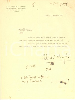 1946 MILANO Aldo VALCARENGHI Associazione Casa della Cultura *AUTOGRAFO 