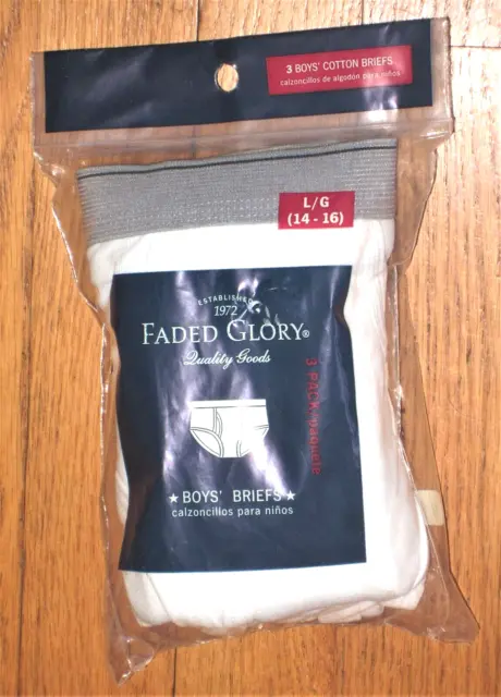 NWT Boy's 3 Pack Size Large White Faded Glory 100% Cotton Briefs