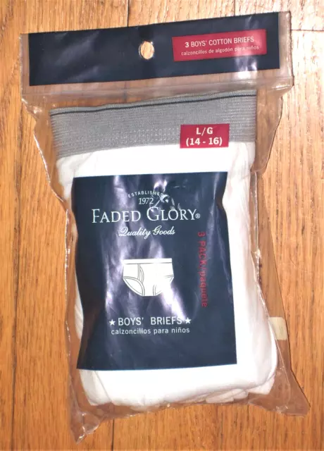 NWT Boy's 3 Pack Size Large White Faded Glory 100% Cotton Briefs NWT Boy's 3 Pack Size Large White Faded Glory 100% Cotton Briefs