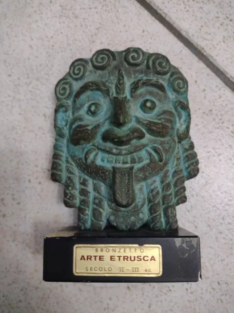 scultura in bronzo riproduzione arte etrusca maschera, 15cm di altezza 2