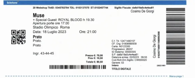 1 biglietto pdf concerto Muse+Royal Blood 18 luglio 2023 - Prato stadio Olimpico